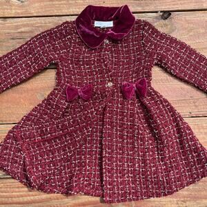 Toddler Princess Dress Coat 24M Burgundy Tweed Velvet Bow Holiday Winter Coat